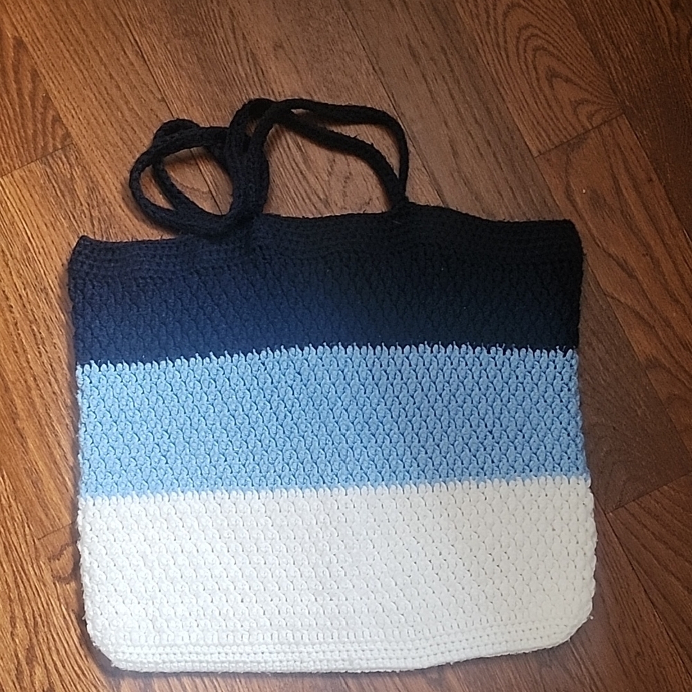 Striped Crochet Tote Bag - Blue, Light Blue & White